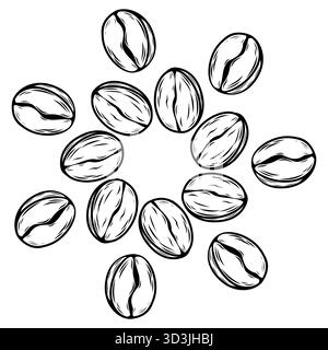 Dessin de ligne de cercle de grains de café noir et blanc minimaliste sur fond blanc. Parfait pour le logo de café, l'emballage, le menu, l'étiquette et la conception de marque moderne. Illustration de Vecteur