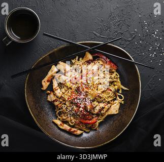 Nourriture, nouilles frites avec poulet et légumes Banque D'Images