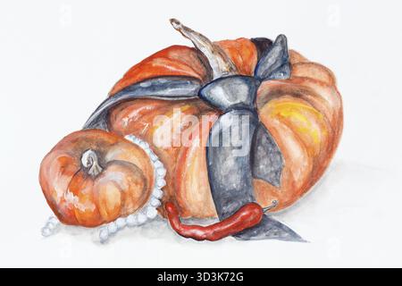 Creative Halloween - citrouille dans une cravate noire, perles et piment - illustration de peinture à l'aquarelle faite à la main sur un fond d'art de papier blanc Banque D'Images