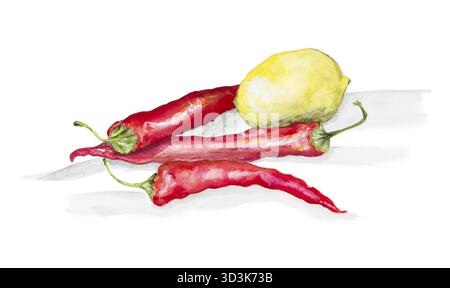 Red Hot Chili Peppers et isolé de citron -still life handmade aquarelle illustration sur un livre blanc art fond Banque D'Images