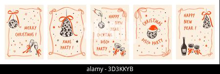 Joyeux Noël et bonne année disco parti posters. Dessin de crayon dessiné à la main dessin fantaisiste fond. Cadre rouge noeud coquette. Bachelorette Gir Illustration de Vecteur