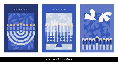 Joyeux Hanukkah. Cartes de célébration avec menorah, dreidels et fleurs. Hanukkah religion fond de vacances Illustration de Vecteur