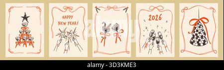 Joyeux Noël et bonne année esquisse dessinée à la main ensemble d'affiches de doodle. Fantaisiste coquettish bachelorette fête de Noël, fond disco girly. Noeud côtelé Illustration de Vecteur