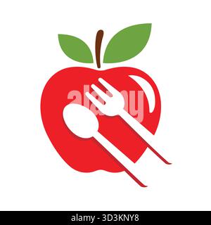 Creative Red Apple fruit logo cuillère et fourchette Vector Symbol Design illustration Illustration de Vecteur