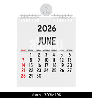 Juin 2026, calendrier mural. Rendu 3D isolé sur fond blanc Banque D'Images