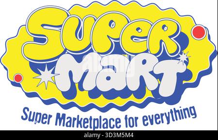 Super Market style dessin animé logo gras avec typographie amusante, étoiles colorées et texte de bannière promotionnelle de détail pour l'image de marque de magasin d'épicerie et PAC Illustration de Vecteur