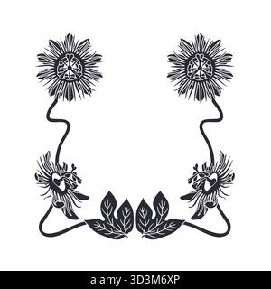 Art nouveau vintage dessiné à la main noir et blanc fleur de passion silhouette illustration vectorielle. Modèle de carte de bordure florale monochrome Illustration de Vecteur