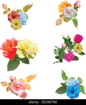 Fleurs roses ensemble éléments de conception aquarelle pour l'impression Illustration de Vecteur