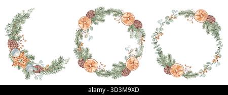 Couronnes de Noël, cadres de cercle ensemble. Plantes d'hiver et tranches d'orange sèches. Illustration botanique dessinée à la main de branches de sapin, eucalyptus, cônes de pin Banque D'Images