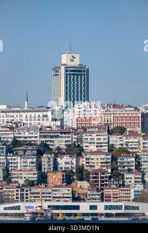 Istanbul, Turquie, le 20 octobre 2025 ; le célèbre hôtel Marmara domine le paysage urbain résidentiel dense et le terminal de ferry animé de Kabataş sur le Banque D'Images