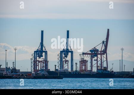 Istanbul Turquie 10.20.2025. Vue industrielle d'Uskudar : les grues à conteneurs et les machines portuaires se tiennent contre le ciel, avec les bateaux de la Garde côtière et maritime Banque D'Images