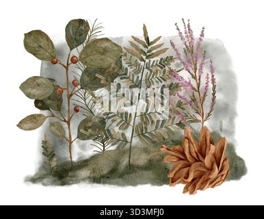 art aquarelle natureinspired, illustration botanique rustique pour la papeterie, représentation aquarelle douce d'éléments botaniques séchés avec des tons terreux tranquilles pour des projets de conception illustration aquarelle dessinée à la main Banque D'Images