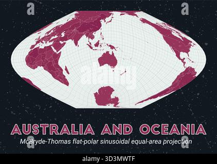 Australie et Océanie. Carte du monde. Projection sinusoïdale plate-polaire de McBryde-Thomas à aire égale centrée sur l'Australie et l'Océanie. Illustration de Vecteur