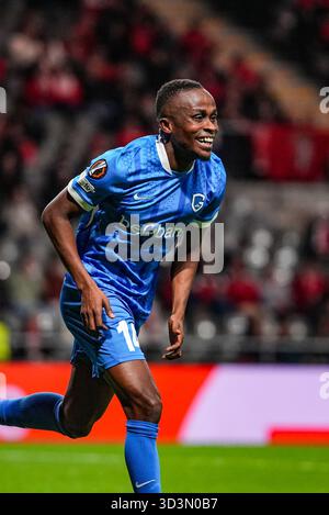 Braga, Portugal. 06 novembre 2025. Yira Sor de Genk célèbre après avoir marqué lors d'un match de football entre l'équipe portugaise SC Braga et le club belge KRC Genk, jeudi 06 novembre 2025, à Braga, quatrième match (sur 8) de la phase de championnat de l'UEFA Europa League. BELGA PHOTO JOMA GISBERT crédit : Belga News Agency/Alamy Live News Banque D'Images