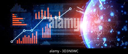 Cette image représente une visualisation de données futuriste avec des graphiques et des graphiques sur un globe abstrait, illustrant les tendances mondiales et les analyses dans Banque D'Images