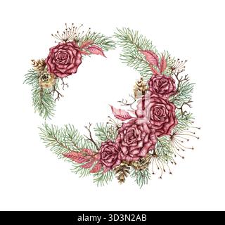Couronne de roses Bourgogne, branches de sapin, cônes, fleurs séchées, branches sèches. Illustration aquarelle dans le style steampunk pour Noël et nouvel an déco Banque D'Images