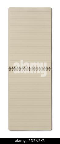 cahier à spirale ouvert avec deux pages blanches lignées beiges arrière-plan blanc isolé, espace de copie pour le texte, modèle de maquette pris d'en haut à la verticale Banque D'Images