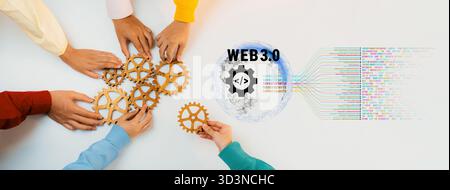 Cette image montre des mains qui collaborent autour des engrenages, symbolisant l’innovation dans la technologie Web 3,0 et la transformation numérique. Idéal pour la technologie Banque D'Images