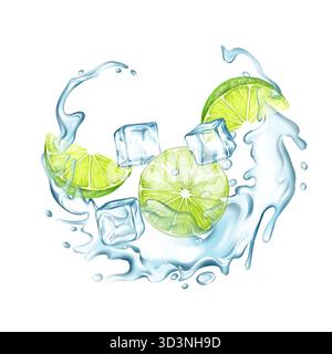 Citron vert avec éclaboussures d'eau glacée et glaçons. Illustration de fruits Banque D'Images