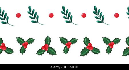 Bordures de Noël classiques sans couture avec feuilles de houx vertes et baies rouge vif. Cette élégante guirlande festive ajoute une touche intemporelle à vos vacances Illustration de Vecteur