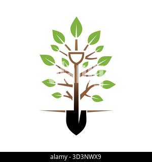 Creative Shovel Tree logo tige de croissance avec des feuilles et symbole de pelle vecteur de conception symbole illustration d'icône Illustration de Vecteur