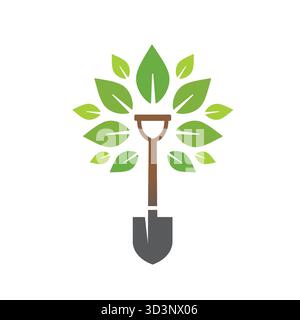 Creative Shovel Tree logo tige de croissance avec des feuilles et symbole de pelle vecteur de conception symbole illustration d'icône Illustration de Vecteur