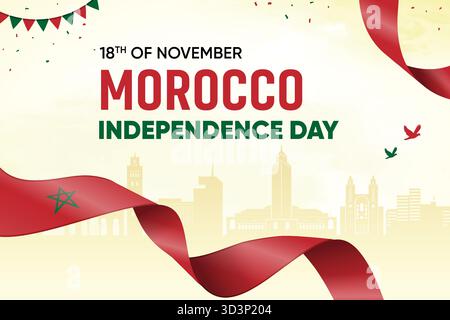 Drapeau marocain ondulant sur fond de Skyline. Illustration vectorielle de conception de concept de jour de l'indépendance. Illustration de Vecteur