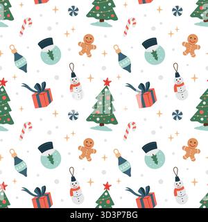 Arbre de Noël, décorations, bonbons, biscuits sans couture motif. Texture de décoration d'hiver mignonne de Noël. Vecteur. Design plat, style cartoon. Illustration de Vecteur