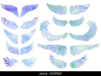 Ensemble d'arts clip vectoriels de silhouette d'aquarelle d'ailes d'oiseau. Collection d'ailes d'ange isolées du fond. Un symbole de liberté et de fuite pour Illustration de Vecteur