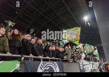 Budapest, Hongrie. 06h, novembre 2025. Les fans de football de Ferencvaros vus sur les tribunes lors du match de l'UEFA Europa League entre Ferencvaros et Ludogorets Razgrad au Groupama Arena de Budapest. Banque D'Images