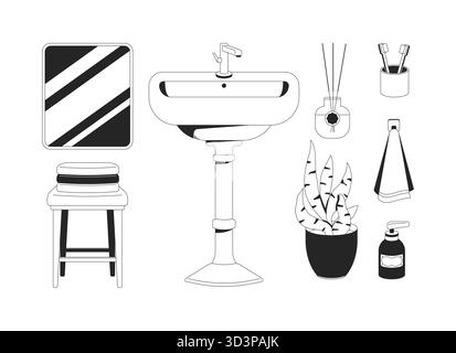 Décor de salle de bains et articles de toilette 2D line objets Illustration de Vecteur
