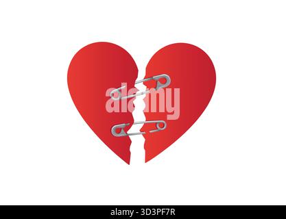Illustration vectorielle de logo de coeur rouge brisé réparée avec des épingles de sécurité. Illustration de Vecteur