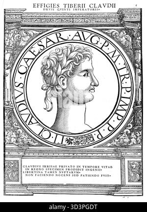 Tibère Claudius César Augustus Germanicus, avant son accession au pouvoir Tibère Claudius Nero Germanicus, (né le 1er août 10 av. J.-C. à Lugdunum, aujourd'hui Lyon, décédé le 13 octobre 54 après JC) était le quatrième empereur romain de la dynastie Julio-Claudienne, reproduction authentique, restaurée numériquement d'un original du XIXe siècle, date d'enregistrement non précisée Banque D'Images