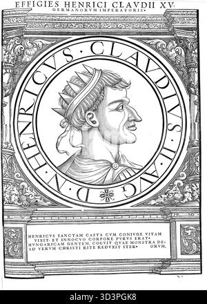 Henri II (né le 6 mai 973 ou 978 à Abbach ou Hildesheim, mort le 13 juillet 1024 à Grone), saint (depuis 1146), de la noble famille ottonienne, était Henri IV de 995 à 1004 et de nouveau de 1009 à 1017 Duc de Bavière, de 1002 à 1024 Roi de l'Empire franc oriental (regnum Francorum orientalium), de 1004 à 1024 Roi d'Italie et de 1014 à 1024 Saint empereur romain germanique, authentique, reproduction numérisée d'un original du XIXe siècle, date d'enregistrement non indiquée Banque D'Images