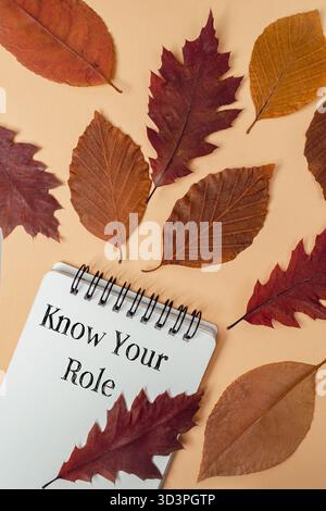 Un carnet en spirale se trouve sur la table avec une pile de feuilles de papier avec le texte connaître votre rôle. Les feuilles sont de différentes couleurs et tailles, disperser Banque D'Images