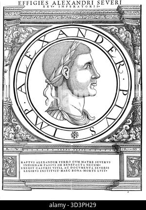 'Severus Alexandre (né le 1er octobre 208 à Arca Césarée, Arqa dans l'actuel Liban, mort en mars 235 près de Mogontiacum) était empereur romain du 13 mars 222 jusqu'à sa mort. Son nom d'origine était Bassianus Alexianus. À partir de juin 221, il s'appelait Marc Aurèle Alexandre ; en tant qu'empereur, il portait le nom de Marc Aurèle sévère Alexandre. Reproduction authentique et restaurée numériquement à partir d'un original du XIXe siècle. Date d'enregistrement non indiquée.' Banque D'Images