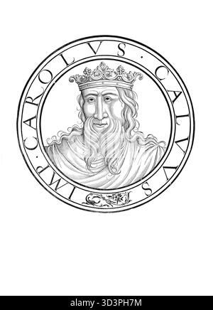 Charles II (né le 13 juin 823 à Francfort, mort le 6 octobre 877 à Avrieux près de Modane), dit Charles le Chauve, de la dynastie carolingienne, fut roi des Francs occidentaux de 843 à 877 et roi d'Italie et empereur romain germanique de 875 à 877. Reproduction authentique et restaurée numériquement à partir d'un original du XIXe siècle. Date d'enregistrement non indiquée. Banque D'Images