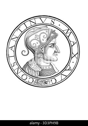 Flavius Valerius Constantinus (né le 27 février entre 270 et 288 à Naissus, Mésie supérieure, mort le 22 mai 337 en Achyrone), connu sous le nom de Constantin le Grand, dans le recensement Constantin Ier, était empereur romain de 306 à 337, reproduction authentique, restaurée numériquement d'un original du XIXe siècle, date d'enregistrement non indiquée Banque D'Images