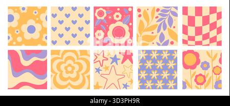 Motif groovy rétro avec des fleurs, des coeurs et des étoiles de Marguerite - y2k arrière-plans sans couture. Motifs géométriques floraux, rayures ondulées, motifs en damier par esthétique nostalgique. Ensemble décoratif vibrant. Illustration de Vecteur