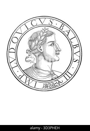 Louis II, appelé le Stammerer (né le 1er novembre 846, mort le 10 avril 879 à Compiègne), était le fils aîné et unique survivant du roi Charles II le Chauve et devint son successeur en 877. Reproduction authentique et restaurée numériquement à partir d'un original du XIXe siècle. Date d'enregistrement non indiquée. Banque D'Images