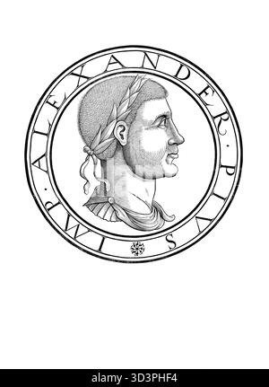'Severus Alexandre (né le 1er octobre 208 à Arca Césarée, Arqa dans l'actuel Liban, mort en mars 235 près de Mogontiacum) était empereur romain du 13 mars 222 jusqu'à sa mort. Son nom d'origine était Bassianus Alexianus. À partir de juin 221, il s'appelait Marc Aurèle Alexandre ; en tant qu'empereur, il portait le nom de Marc Aurèle sévère Alexandre. Reproduction authentique et restaurée numériquement à partir d'un original du XIXe siècle. Date d'enregistrement non indiquée.' Banque D'Images