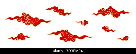 Collection de nuages chinois, ensemble vecteur de symboles de nuages auspicieux, nuages de style asiatique rouge et or sur fond isolé Illustration de Vecteur