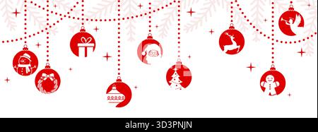 Fond de boules de Noël avec des branches de sapin sur fond isolé. Bordure des fêtes avec des ornements de Noël rouges suspendus sur des guirlandes Illustration de Vecteur