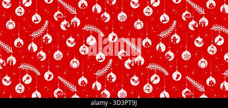 Fond de Noël, ornements de Noël rouges motif sans couture avec des branches de sapin et boules de Noël suspendues sur fond rouge Illustration de Vecteur