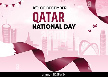 Drapeau du Qatar ondulant sur fond de Skyline. Illustration vectorielle de conception de concept de la Journée nationale. Illustration de Vecteur