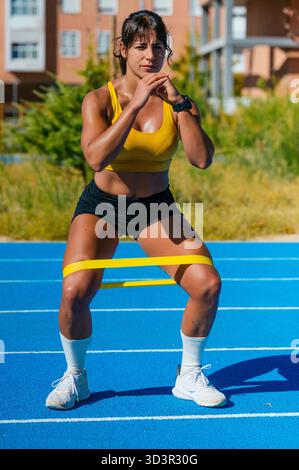 Une femme fait de l'exercice à l'extérieur sur une piste bleue, effectuant des squats avec une bande de résistance jaune autour de ses jambes. Elle est concentrée, portant un atti athlétique Banque D'Images