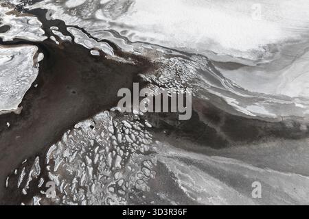 Texture abstraite noire et blanche ressemblant à des formations salines. Les motifs organiques créent une apparence fluide et dynamique avec des contrastes entre la lumière et l'obscurité Banque D'Images