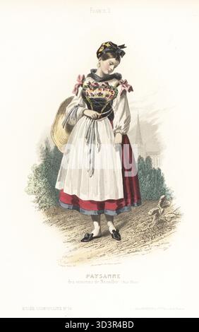 Paysanne en costume de fête, région de Neuviller-la-Roche, département du Bas-Rhin, France. En Ruban bonnet avec des rubans, cravate noire, corsage avec plastron décoré, tablier blanc, jupons rouges, tenant un grand chapeau de paille, regardant une tombe. Paysanne des environs de Neuviller (Bas Rhin). Gravure sur acier colorée à la main par Pelée d'après une illustration de François-Claudius compte-Calix du Musée Cosmopolite, Musée de costumes, Musée Cosmopolitan, éditée par l'ancienne maison Aubert, Paris, vers 1850. Banque D'Images