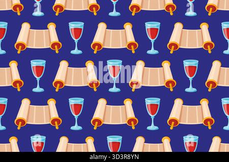 Motif sans couture roulé rouleaux Torahs et verres à vin avec vin rouge. Conception vectorielle plate parfaite pour les milieux de vacances juifs, les textiles et les thèmes religieux. Illustration vectorielle Illustration de Vecteur