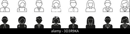 Jeu d'icônes Avatar professionnel. Représentation professionnelle diversifiée dans les styles contour et silhouette. Symboles de profil d'entreprise, médical et d'entreprise Illustration de Vecteur